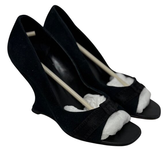 White House Black Market Vidal Black Suede Open Toe Curved Wedge Heels Size 6 - Picture 4 of 12